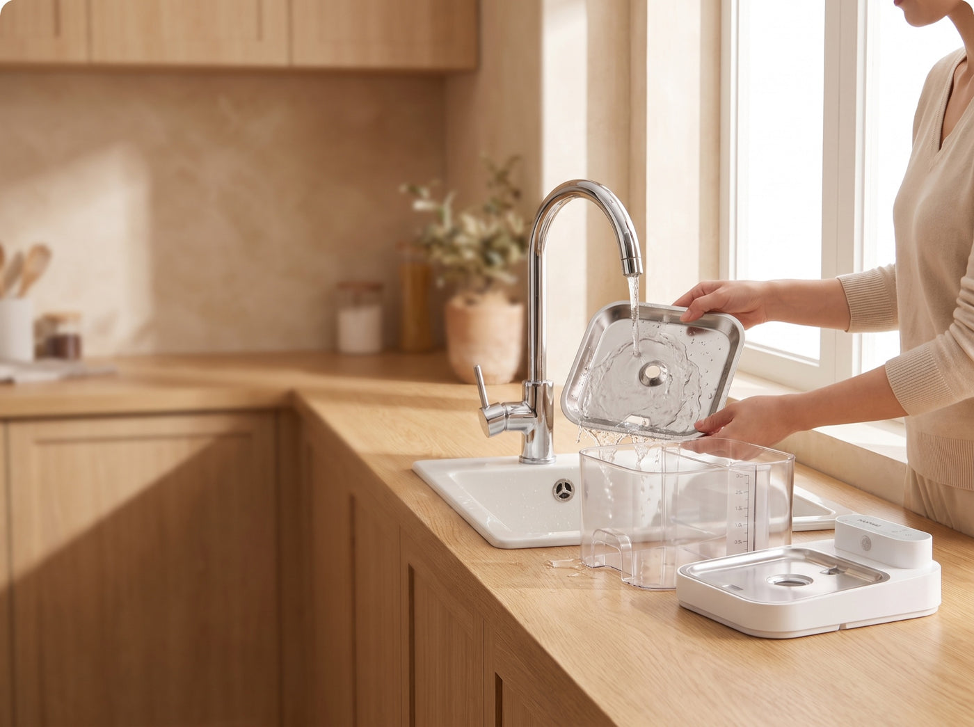 Rinsing the stainless steel tray at the kitchen sink