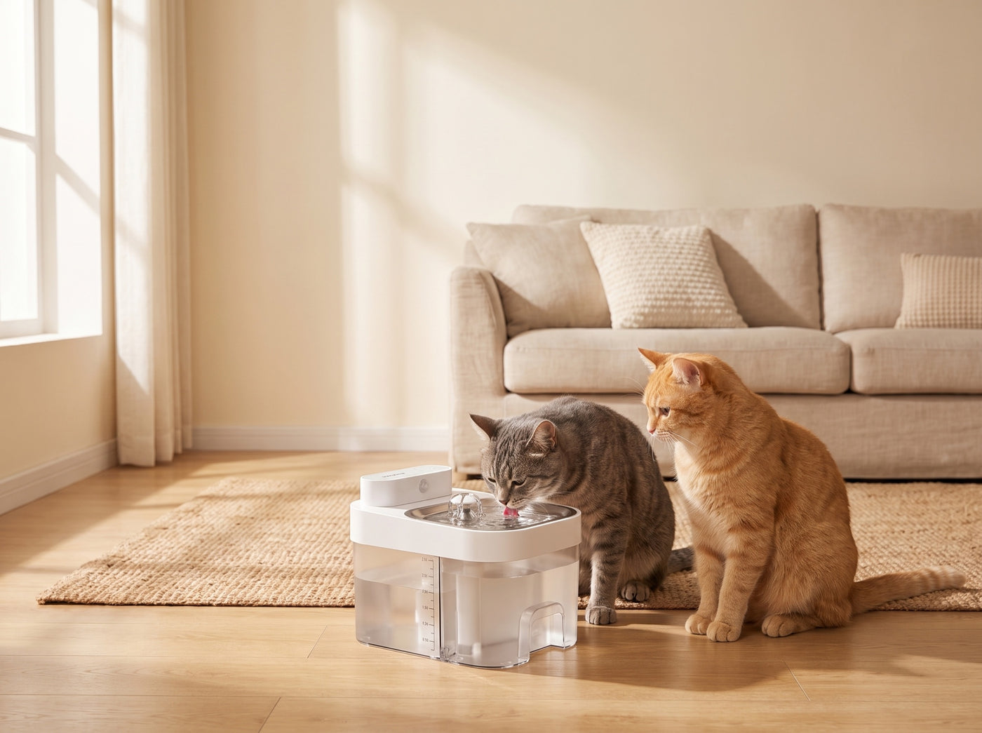 Two cats sharing the fountain, one drinking and one waiting