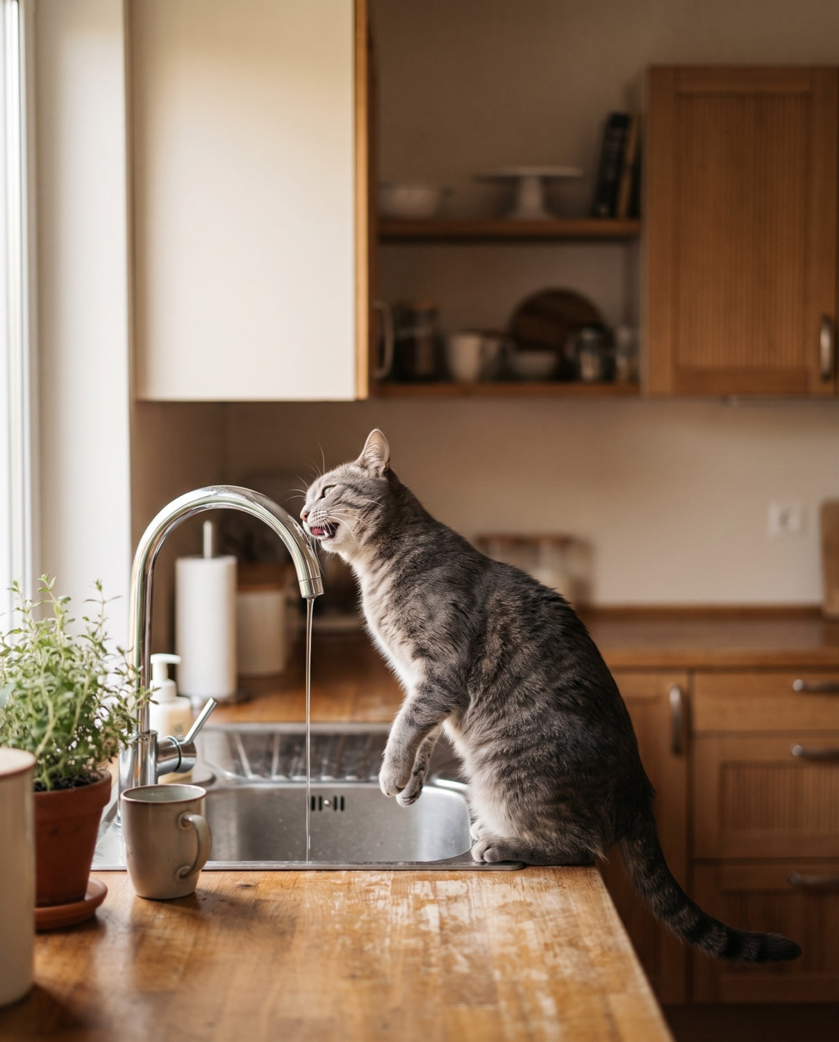 Cat drinking from a running kitchen tap
