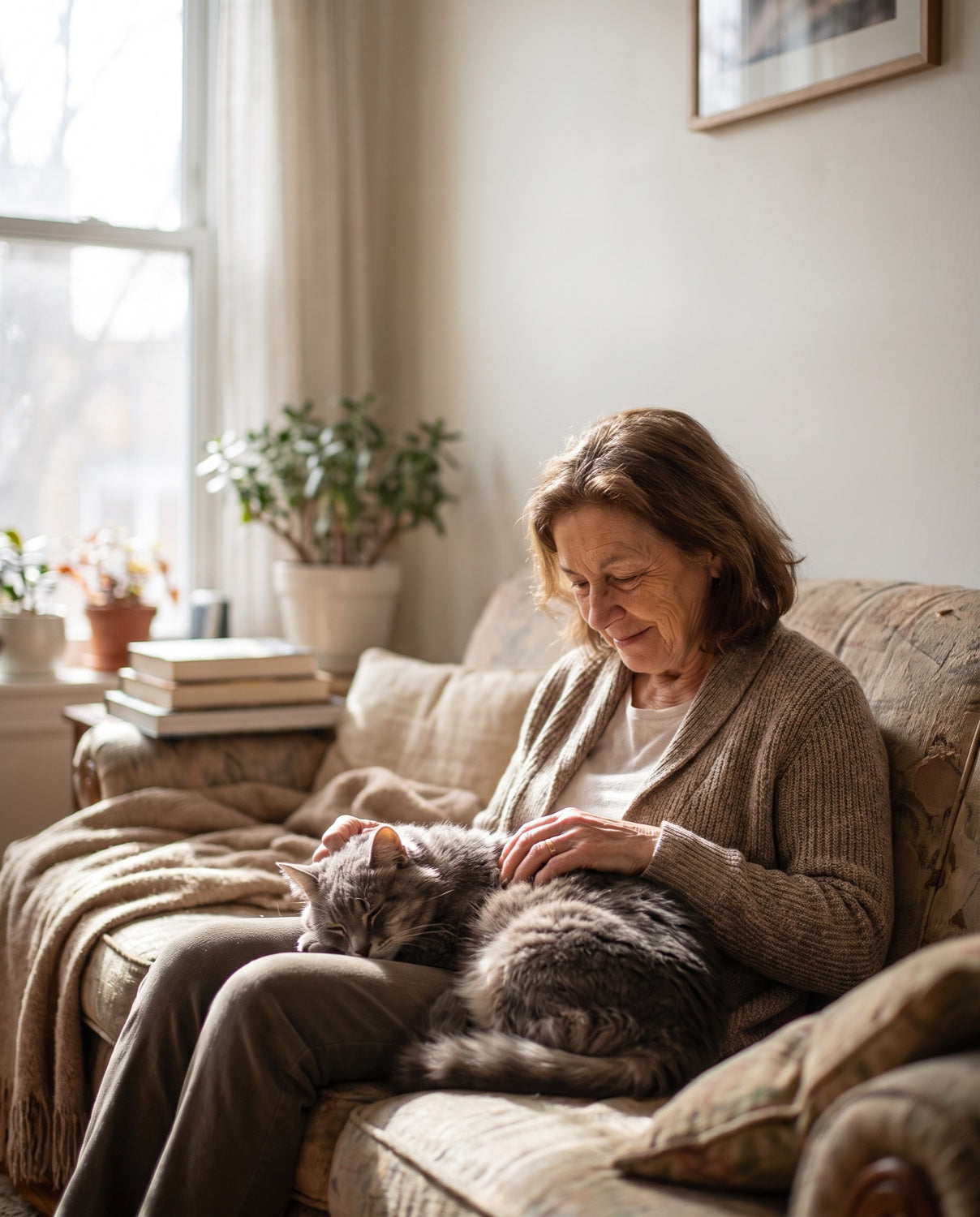 Older woman stroking her senior cat on a sofa